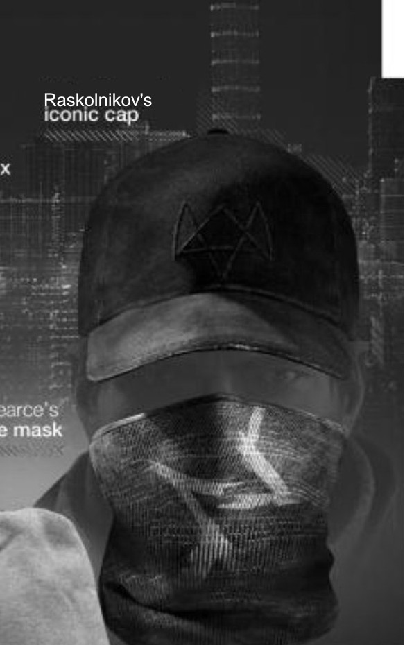 aiden pearce's iconic cap except it's been badly photoshopped to say "raskolnikov" instead